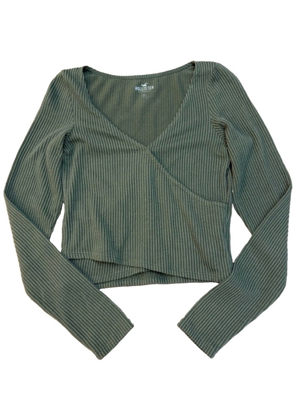 Hollister Ribbed Faux Wrap Long Sleeve Crop Top Olive Green S